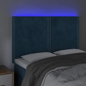 Cabeceira cama c/ luzes LED veludo 144x5x118/128cm azul-escuro