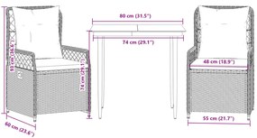 3 pcs conjunto de jantar p/ jardim com almofadões vime PE bege
