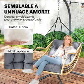 Cadeira suspensa jardim em resina trançada com suporte, almofada, dispositivo de segurança, altura ajustável, cinzenta