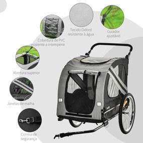 Reboque Bicicleta Cães 2 em 1 Transporte Animais Estimação Porta Enrolável Janelas 140x72,5x107,5cm Cinza