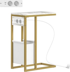 HOMCOM Mesa de apoio em forma de C com estação de carregamento bolsa de arrumação em tecido tampo com efeito mármore, 46 x 25 x 62,5 cm, branco | Aosom Portugal