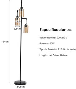 Candeeiro de pé com abajur de vidro âmbar de 3 cabeças, interruptor de pé, base de metal para quarto, 24,5 x 164 cm, preto