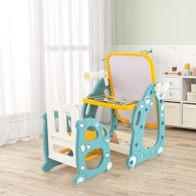 Conjunto de mesa e cadeira para crianças com quadro branco ajustável de 3 níveis Cesto de arrumação Marcadores Marcadores Anéis Borracha Azul