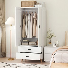 Guarda Roupa com 2 portas 80 x 54 x 180 cm com fecho suave, 2 gavetas e barra para pendurar roupa, branco