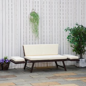 Sofá de 2 Lugares Vime Sintético Convertível em Cama Sofá de Jardim Exterior com Almofada Mobiliário Pátio Terraço 129x63x67 cm Castanho e Bege