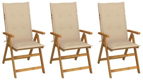 vidaXL Cadeiras de jardim dobráveis c/ almofadões 3 pcs acácia maciça