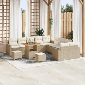 Conjunto de Sofá de Jardim de 13 Peças com Almofadas Bege Rattan Poliéster Acácia