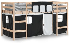 Cama alta criança c/ cortina 80x200cm pinho maciço branco/preto