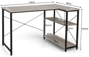 Secretária computador reversível em forma de L com Estantes para Escritório 120 x 88 x 74,5 cm Cinzenta