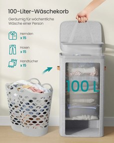 Cesto de roupa suja 56 x 40 x 75 cm prático com compartimentos e tampa cinza