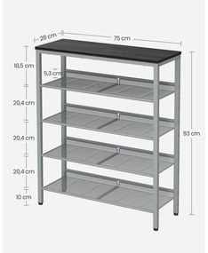 Sapateira com 5 níveis em estilo industrial 75 x 30 x 93 cm Preto + prateado