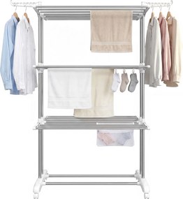 Estendal roupa com rodas, 4 níveis 63,5 x 128 x 173 cm, alas rebatíveis, estendal de chão, montagem fácil branco e prateado