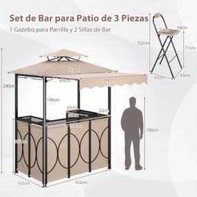 Tenda jardim com mesa de bar e 2 cadeiras dobráveis com prateleiras de metal para jardim 193 x 117 x 240 cm Café