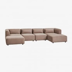 Sofá Modular Chaise Longue Direito De 4 Peças Com Puff Fogler Bombazina Castanho Camel - Sklum