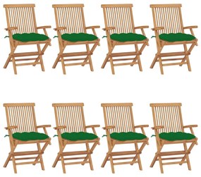 vidaXL Cadeiras de jardim c/ almofadões verdes 8 pcs teca maciça