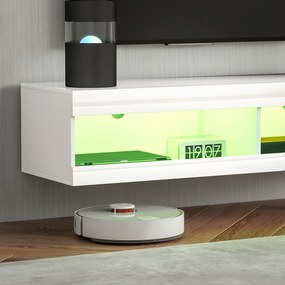 Móvel de TV Suspenso com Luzes LED com Controlo Remoto Compartimentos Orifício Passa-Cabos 140x40x30 cm Branco Brilhante
