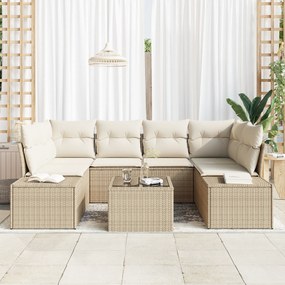 Conjunto de Sofá para Jardim de 7 Peças com Almofadas Bege Poli Rattan