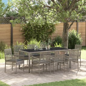 Conjunto de Jantar de Jardim de 9 Peças com Almofadas Cinza em Rattan Sintético