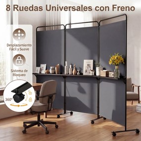 Biombo Divisório Dobrável de 3 Painéis, 259 x 44 x 188 cm, 8 Rodas Bloqueáveis, Cinzento