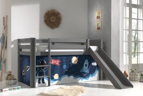 Cama alta de Criança PINO 90 x 200 cm + estrado + escada + escorrega + cortina Espaço Cinzenta