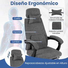 Cadeira de escritório reclinável em chenille com apoios de braços acolchoados, apoio para os pés retrátil e almofadas lombares e cervicais, cor cinza