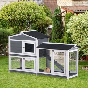 Coelheira de Madeira Exterior Gaiola para Coelhos de 2 Níveis com Teto Asfáltico 2 Cercados de Metal Bandeja Removível 3 Portas e Rampa 157,4x53x93,5