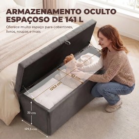 Puff de Armazenamento Banco de Armazenamento 141L 137x41x42 cm Estofado em Veludo Baú de Arrumação Capacidade 240 kg Cinzento