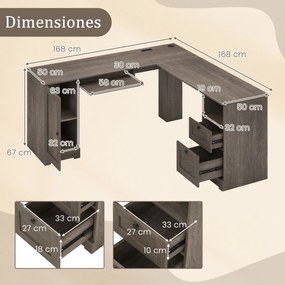 Secretária em forma de L com 2 gavetas, estante ajustável e bandeja para teclado Secretária executiva de canto Cinzento