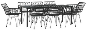 9 pcs conjunto de jantar para jardim vime PE preto