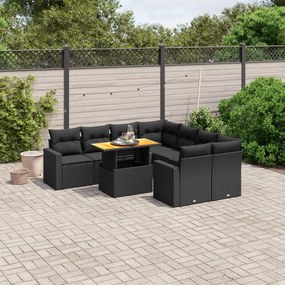 vidaXL 9 pcs conjunto de sofás p/ jardim c/ almofadões vime PE preto