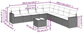 10 pcs conjunto de sofás p/ jardim com almofadões vime PE bege