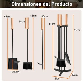 Conjunto de 4 utensílios para lareira com atiçador, pá, escova e suporte. Utensílios com cabo de madeira preta e natural.