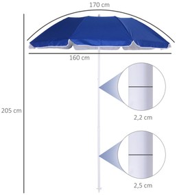 Chapéu de Sol de Praia Grande Ø160 cm Chapéu de Sol de Exterior com Ângulo Ajustável Proteção UV Impermeavel e Bolsa de Transporte Azul