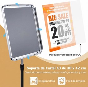 Conjunto de 2 Suportes de Chão para Cartazes A3, 30 x 42 x 87-137 cm, Altura Ajustável, Prateado