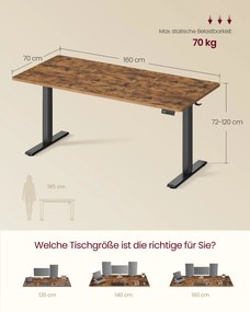 Secretária elétrica de trabalho ajustável em altura 160 x 70 x (72-120) cm (C x L x A), castanha