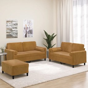 vidaXL 3 pcs conjunto sofás c/ almofadas/almofadões veludo castanho
