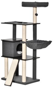 PawHut Árvore para Gatos Grande Altura 146cm com Plataformas Caverna de Feltro Removível Postes Arranhadores de Sisal Rede Almofadas Laváveis Rampa e Bola de Brinquedo 60x40x146cm Cinza Escuro