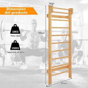 Barras de parede escada ginástica, encosto de madeira para academia, fitness, carga doméstica de 150 kg, inclui 4 âncoras, 195 x 81 x 14 cm