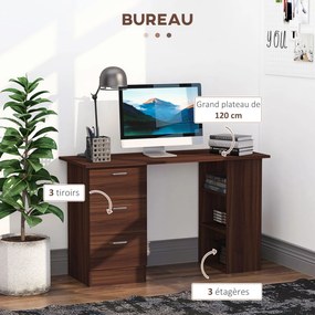 Secretária de computador com 3 gavetas e 3 prateleiras abertas, 120 x 49 x 72 cm, secretária com arrumação reversível, estilo moderno, secretária de c