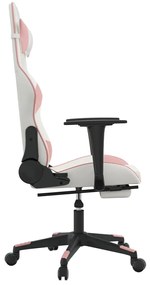 Cadeira gaming com apoio p/ pés couro artificial branco e rosa