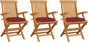 vidaXL Cadeiras jardim c/ almofadões vermelho tinto 3 pcs teca maciça