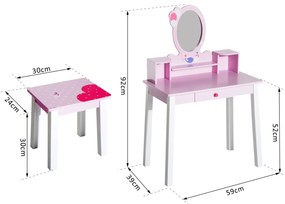 Toucador Infantil com Banco e Espelho tipo Princesa Mesa-de-Maquilhagem-de-Madeira -Cor-de-Rosa- 59 x 39 x 92 cm