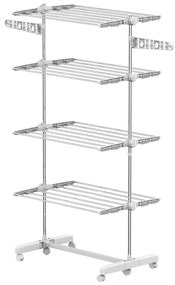 HOMCOM Estendal de Roupa Dobrável 80x55x172cm com 6 Rodas e 4 Prateleiras com Altura Ajustável de Aço Inoxidável Prateado