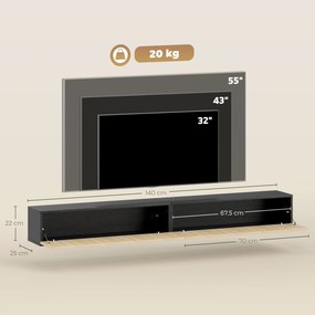Móvel de televisão suspenso de 140 cm, móvel para televisor de 72 polegadas, 2 portas rebatíveis, 140 x 25 x 22 cm, madeira natural e preta