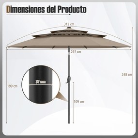 Guarda-sol para jardim de 313 cm com 32 luzes LED, teto ventilado de 3 níveis e ajuste de inclinação Castanho