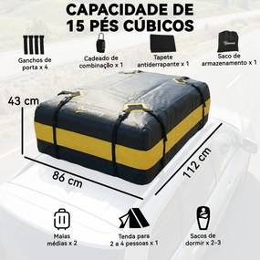 Mala de Teto para Carro 425 L Impermeável com 8 Correias Tapete Antiderrapante e Ganchos para Veículos Preto e Amarelo