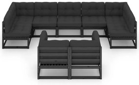 9pcs conjunto longue de jardim c/ almofadões pinho maciço preto