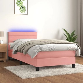 Cama box spring c/ colchão/LED 100x200 cm veludo rosa