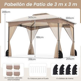 Pérgula para jardim 365x300 cm com paredes de malha com pesos areia Estrutura metálica resistente Portas com fecho Caqui