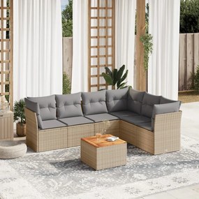 7 pcs conj. sofás jardim c/ almofadões vime PE bege misturado